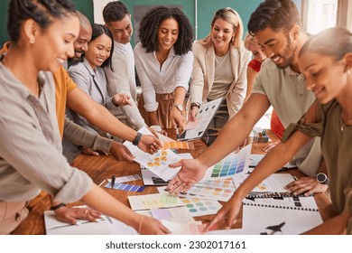 Color, creative palette and happy team by desk working on branding meeting, strategy and marketing design. Business teamwork, collaboration and designers brainstorming ideas, thinking and discussion - Powered by Shutterstock