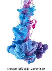 Color drop underwater creating a silk drapery. Ink swirling underwater.  Cloud of colorful shiny ink isolated on black background. Blue and magenta mix into violet. - Shutterstock ID 269694560
