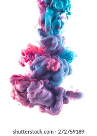 Color Drop Underwater. Ink Swirling In Water. Cloud Of Silky Ink In Water Isolated On White Background. Colorful Ink In Water, Ink Drop. Abstract Flowers. Pink And Blue.