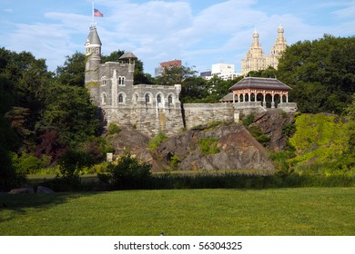 Color DSLR Image Of Belvedere Castle In Central Park, New York City, Shot Across The Great Lawn And Turtle Pond; In Horizontal Orientation With Copy Space For Text.