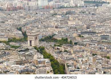 Color DSLR Wide Angle Stock Skyline Of Paris, France, With The Arc De Triomphe. Urban Scene Shot From Above On Top Of Eiffel Tower. Horizontal With Copy Space For Text.