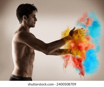 Color, explosion and man with powder in hands with creativity, performance and studio. Vibrant, paint and shirtless model with bold cloud with blue, red and yellow smoke in background or backdrop - Powered by Shutterstock