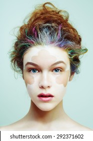 Color Face Art . Beauty Portrait Fashion Model Woman. Creative Hair Style And Make-up