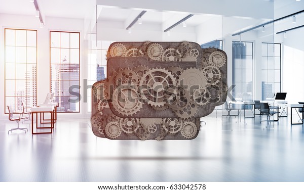 Color gears and cogwheels mechanism or\
engine on white office background. 3d\
rendering