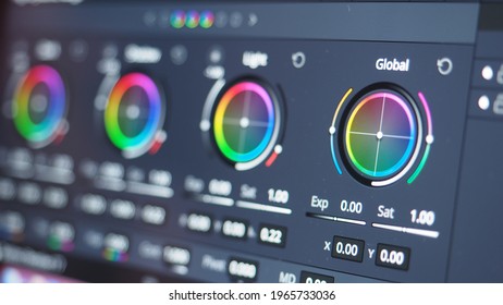 Color grading indicator graph on screen. RGB colour correction graphic bar on monitor in post production process. Telecine stage in video or film production processing. for colorist digital grading.

