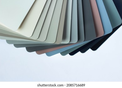 Color guide displaying a range of hues for use in interior design and decoration. Colorful color guide with palette of paint samples on white background with copy space. Catalog for tinting - Shutterstock ID 2085716689
