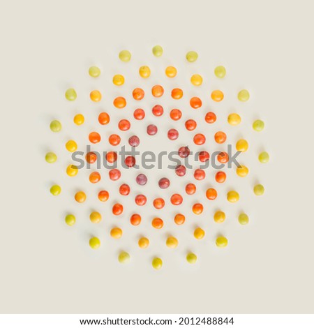 Color harmony with wild plums concentric circles isolated on beige background. Minimal colorful summer fruit flat lay. Nature, abstract note card food pattern. Circular shape frame with copy space.