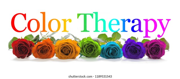  Color Healing Therapy Banner - A row of seven rose heads in red, orange, yellow, green, turquoise, indigo and magenta with a graduated rainbow colored Color Healing phrase positioned above
         