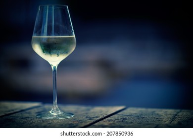 Color Image Of Chilled White Wine In A Glass , With Copy Space