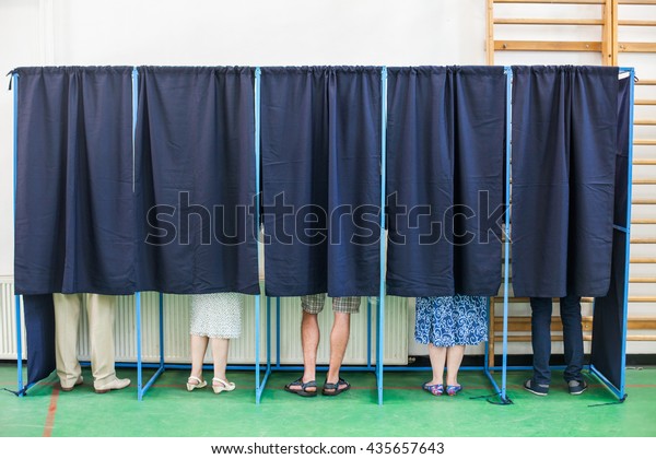 Color image of some people voting in some\
polling booths at a voting\
station.