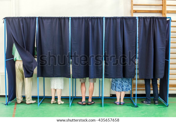 Color image of some people voting in some\
polling booths at a voting\
station.