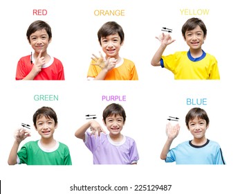 Color Kid Hand Sign Language On White Background