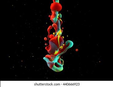 Color Liquid in dynamic flow forming interesting and unique shapes and bubbles. Colorful ink mixing in an unique pattern. Artistic design. Isolated on black background. - Shutterstock ID 440666923