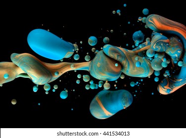 Color Liquid in dynamic flow forming interesting and unique shapes and bubbles. Colorful blue and orange tones mixing in a unique pattern. Artistic design. Isolated on black background.