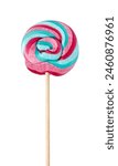 Color lollipop, spiral candy on stick, colorful striped lollypop, round fruit caramel, multicolored confectionery, circle lollipop on white background, copy space for text
