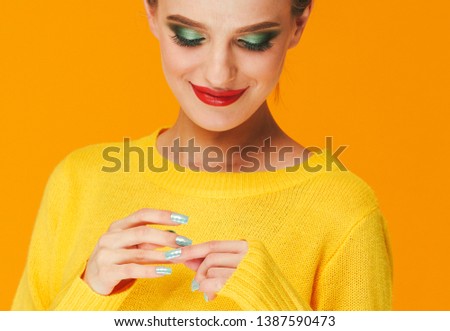 Color makeup woman happy yellow beauty background face female model