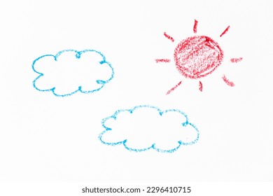 Color oil pastel hand drawing in sun with ray and cloud shape on white paper background