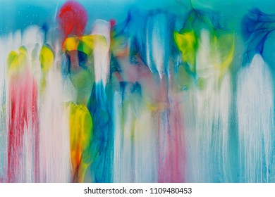 Color Paint Drops In Water. Ink Swirling Underwater. Cloud Of Silky Ink Collision On White Background. Colorful Abstract Smoke Explosion Animation. Close Up Camera View.