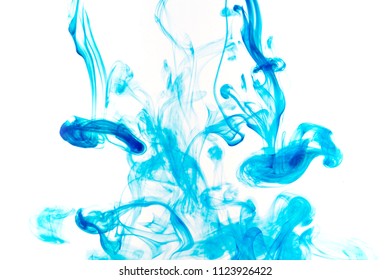 Color Paint Drops In Water. Ink Swirling Underwater. Cloud Of Silky Ink Collision On White Background. Colorful Abstract Smoke Explosion Animation. Close Up Camera View.