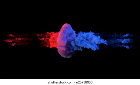 Color Paint Drops In Water. Ink Swirling Underwater. Cloud Of Silky Ink Collision Isolated On Black Background. Colorful Abstract Smoke Explosion Animation. Close Up Camera View.