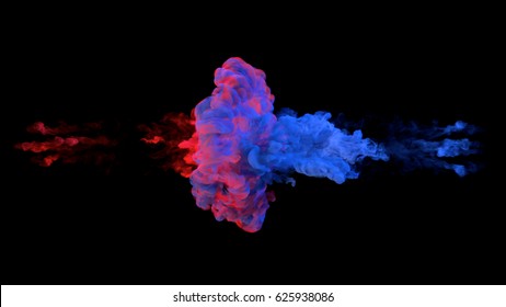 Color Paint Drops In Water. Ink Swirling Underwater. Cloud Of Silky Ink Collision Isolated On Black Background. Colorful Abstract Smoke Explosion Animation. Close Up Camera View.