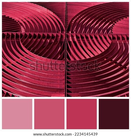 Color palette of abstract geometric curves colored by Viva Magenta tone 2023. Trendy pink and magenta swatches of similar colours