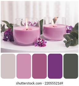 Color palette appropriate to photo of burning candles in glass holders and flowers on white table - Shutterstock ID 2205552169