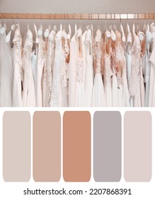 Color Palette Appropriate To Photo Of Wedding Dresses In Boutique On Rack In Room