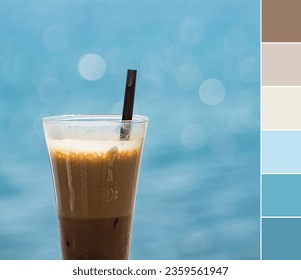 Color palette swatches of brown cold coffee frappe drink on blurred blue sea background. Pastel trendy combination of creamy milk beige and turquoise aqua teal colors, inspired by hot summer holidays.