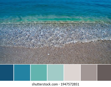 Color Palette Swatches Of Seascape Of Turquoise Green Dark Blue Sea Water And Brown Beige Sand. Cool Summer Gamma Of Pastel Ground Tones, Natural Colorful Inspiration For Styling Decoration And Design