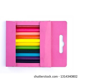 Color Pencil In Pink Box On White Background