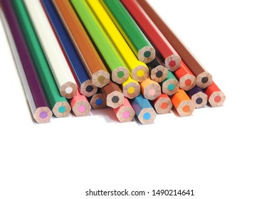 Color pencils isolated on white background. Close up. selective focus.