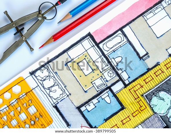 Color pencils on watercolor and
ink freehand sketch drawing of home floor plan / Real estate
business & architecture house furnishing decoration design
concept