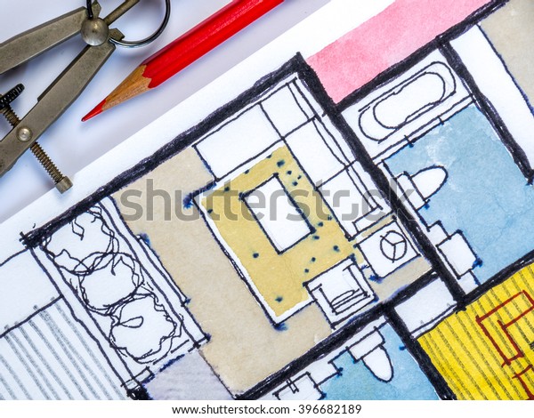 Color pencils on watercolor and\
ink freehand sketch drawing of home floor plan / Real estate\
business & architecture house furnishing decoration design\
concept