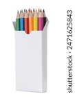 Color pencils set in  blank paper box  isolated on white