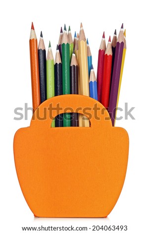 color pencils in wooden basket-shaped pencil case