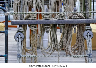 Color Photo Of Ropes And Pulleys For The Sails On A Vintage Tall Sailing Ship