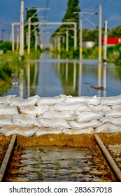 Color Picture Of Sandbags Piled Up During Flooding