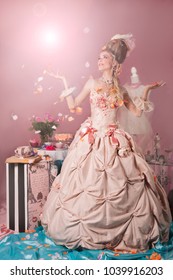 Color Portrait Of Woman Dressed As Marie Antoinette In Pink