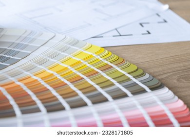 Color scheme palette guide catalog with colour swatches. Home floor plans, building blueprint project. Architect or interior design concept. Choosing paint colors for house. - Powered by Shutterstock