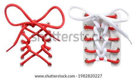 Color shoe laces on white background, collage. Banner design