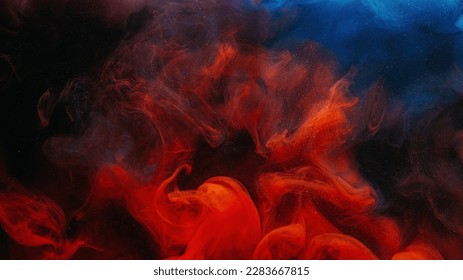 Color smoke. Paint water splash. Fire flame. Cosmic stardust. Red blue glowing glitter vapor texture on dark black abstract art background with free space.