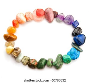 Color Spectrum Of Semiprecious Gemstones In Oval Border, Isolated On White Background