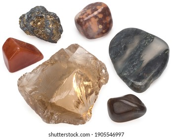 Color Spectrum Of Semiprecious Polished Gemstones, Isolated On A White Background