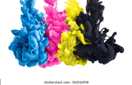 color splashes of ink in cyan magenta yellow black as symbol for subtractive CMYK color blending - Shutterstock ID 563316958