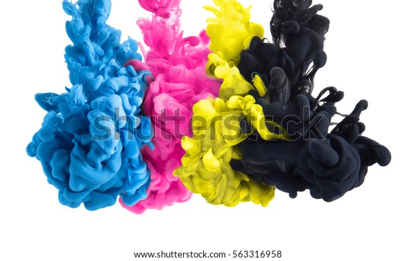 color splashes of ink in cyan magenta yellow black as symbol for subtractive CMYK color blending