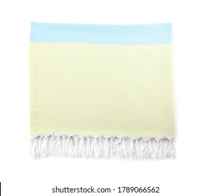 Color towel isolated on white, top view. Beach object