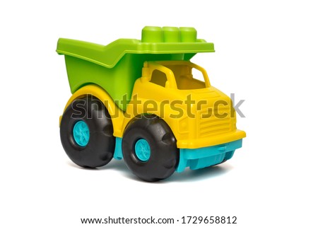 Color toy car. Colorful toy truck isolated on white background. Plastic car.