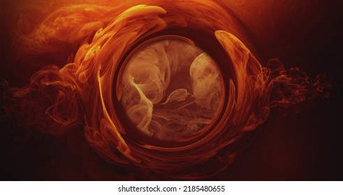 Color water twirl. Fume circle. Ink wave. Astrology eye. Esoteric vision. Orange red golden steam circle vortex on dark creative abstract background.