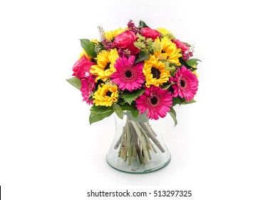 Color wedding bouquet made of roses and gerberas isolated on a white background. 